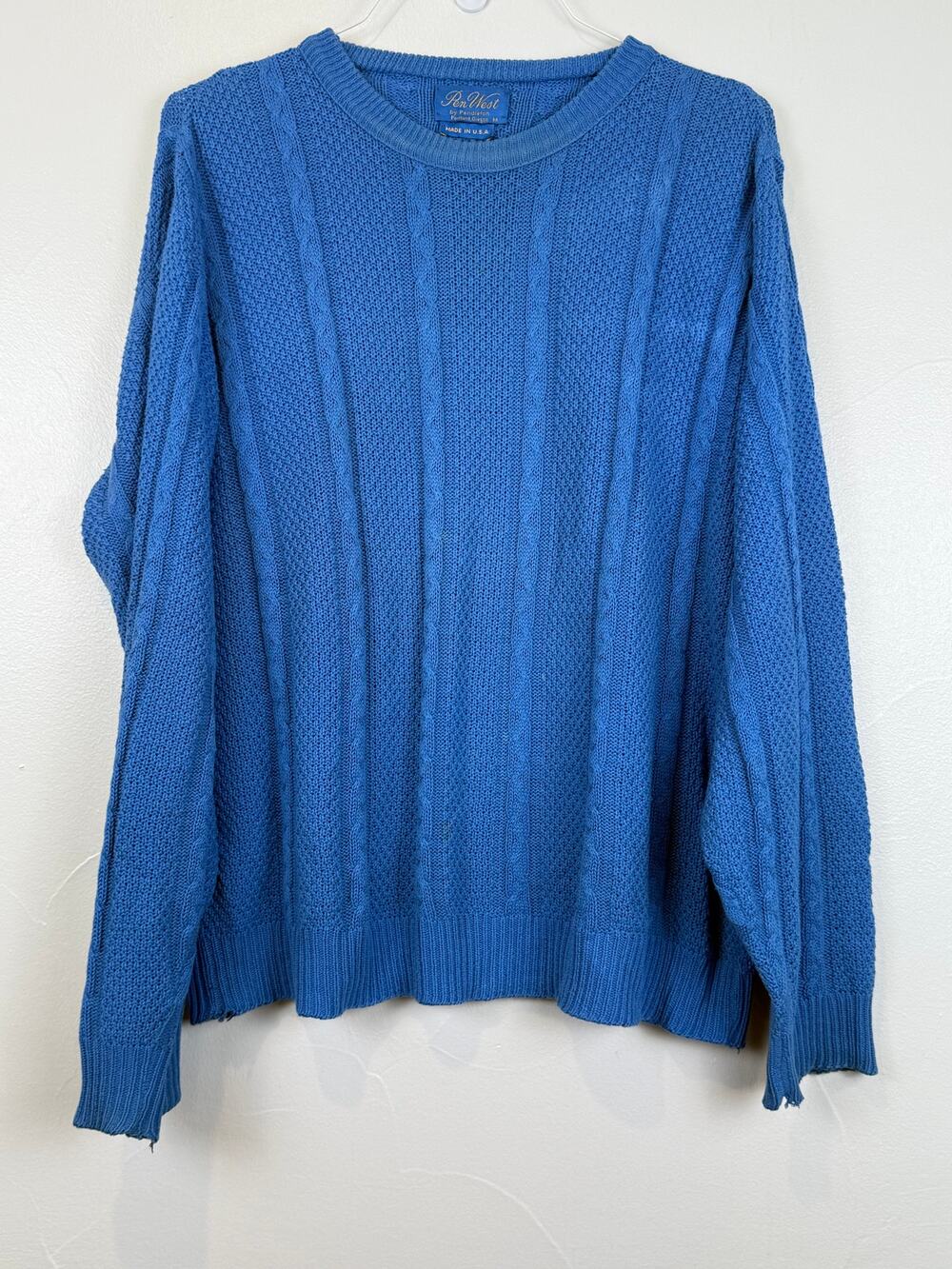 Vintage Pendleton Blue Cable Knit Sweater Medium USA Made 80s Crew Neck